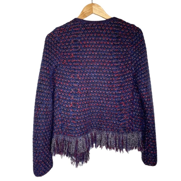 ✨NWT Maje Purple Tweed Open Front Metallic Fringe Mask Cardigan Size 2 or Medium - Picture 7 of 10